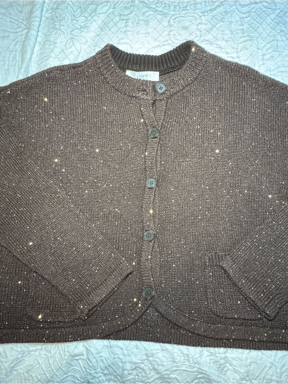 LOFT Womens L Brown Sequin Cardigan Sweater Button Front Pockets Holiday